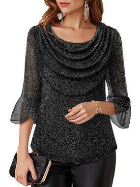 Women's Black Cowl Neck Blouse Dressy Casual Outfit 3/4 Sleeve Sparkly Top